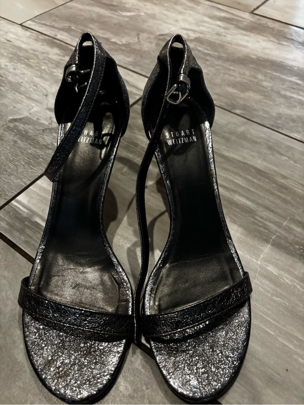 Stuart Weitzman Black Sparkle Ankle-Strap Sandals